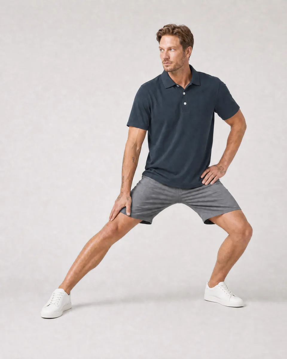 StringKing Men's Pima Jersey Classic Polo - Relaxed Fit, Navy, Full Front Angle - Human Model
