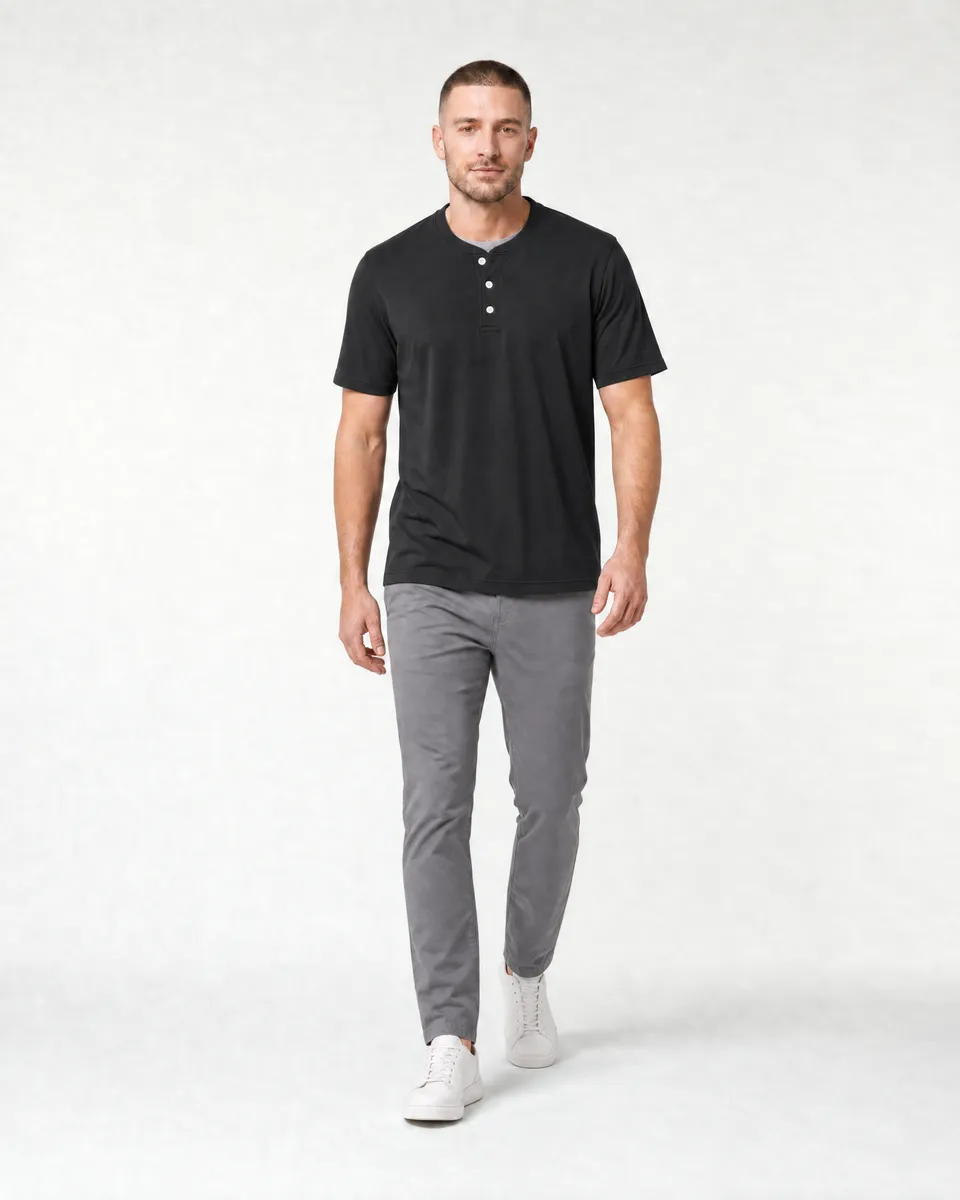 StringKing Men's Pima Jersey Short Sleeve Henley - Relaxed Fit, Black, Full Front Angle - Human Model