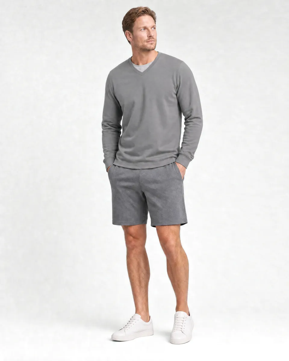StringKing Men's Pima Terry Long Sleeve V-Neck Tee - Sharp Fit, Frost Gray, Full Front - Human Model - Top of head to Knees