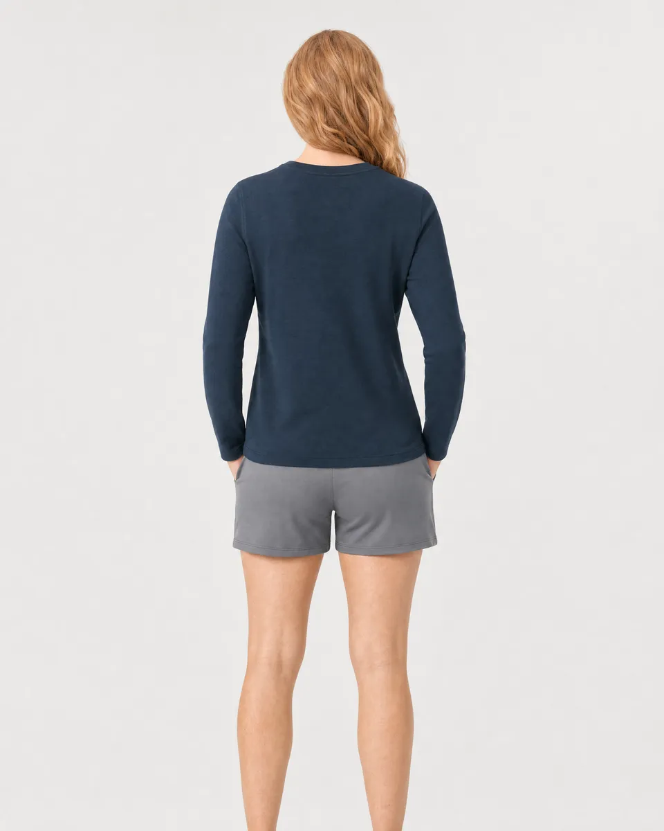 StringKing Women's Pima Terry Long Sleeve V-Neck Tee - Sharp Fit, Navy, Full Back - Human Model - Top of head to Mid-thigh