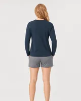 StringKing Women's Pima Terry Long Sleeve V-Neck Tee - Sharp Fit, Navy, Full Back - Human Model - Top of head to Mid-thigh