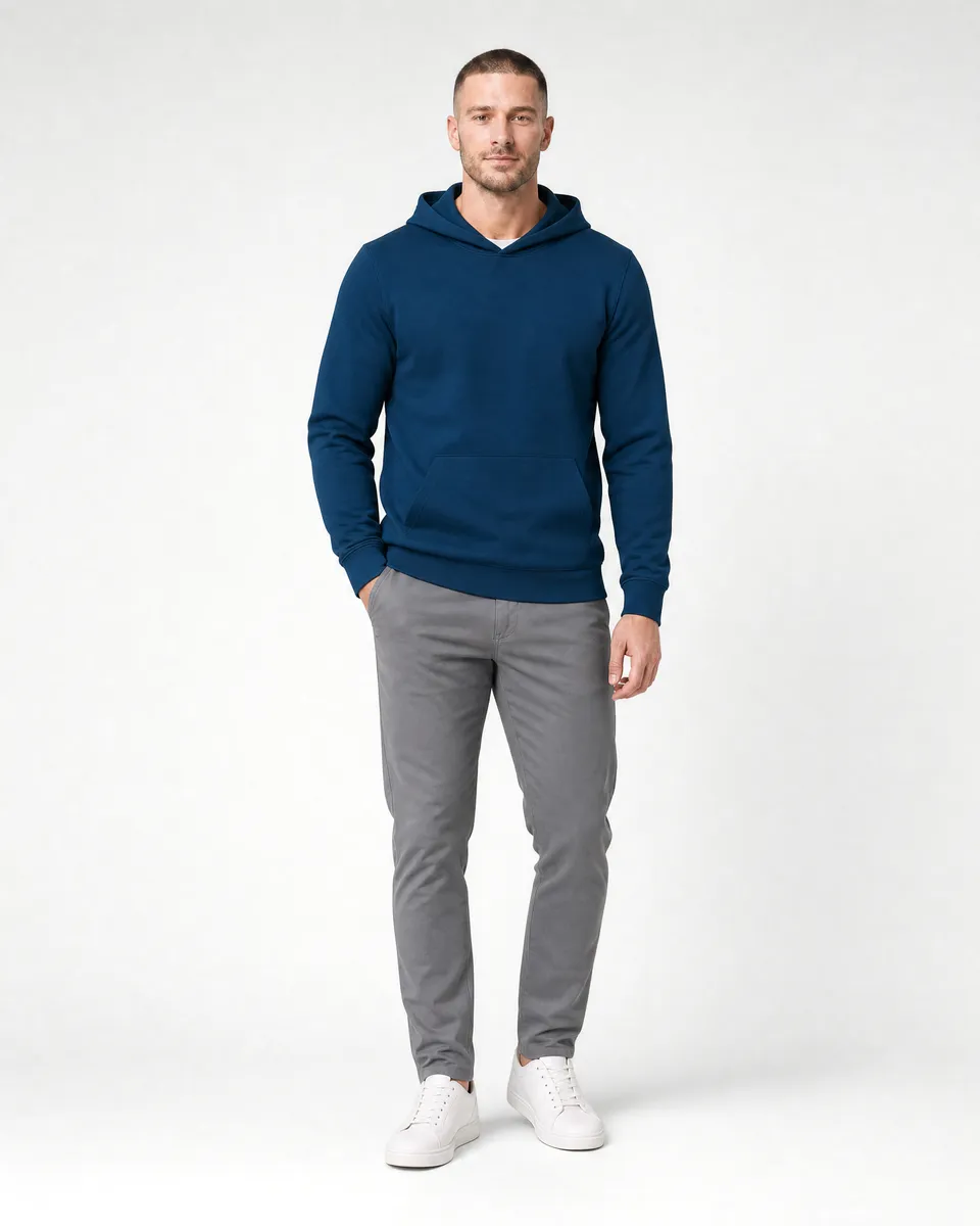 StringKing Men's StayWarm Hoodie - Sharp Fit, Navy Blue, Full Front - Human Model - Top of head to Knees