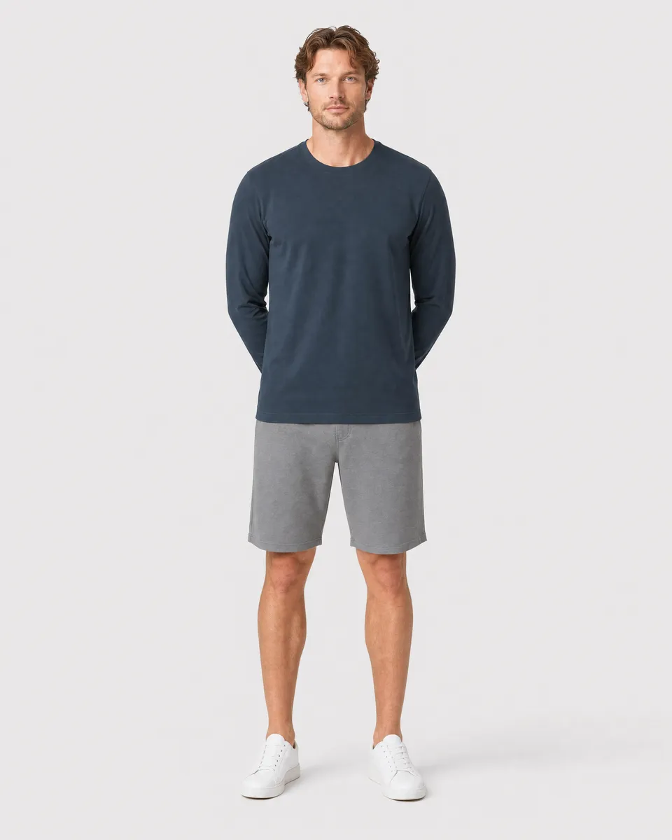 StringKing Men's Pima Jersey Long Sleeve Tee - Sharp Fit, Navy, Full Front - Human Model - Top of head to Knees
