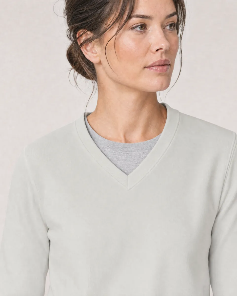 StringKing Women's Pima Terry V-Neck Sweater - Sharp Fit, Moonstruck, Collar Shoulder - Human Model