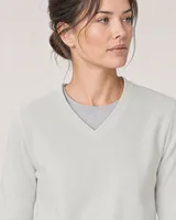 StringKing Women's Pima Terry V-Neck Sweater - Sharp Fit, Moonstruck, Collar Shoulder - Human Model