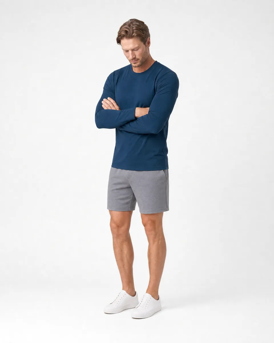 StringKing Men's StayWarm Long Sleeve Tee - Sharp Fit, Navy Blue, Full Front Angle - Human Model