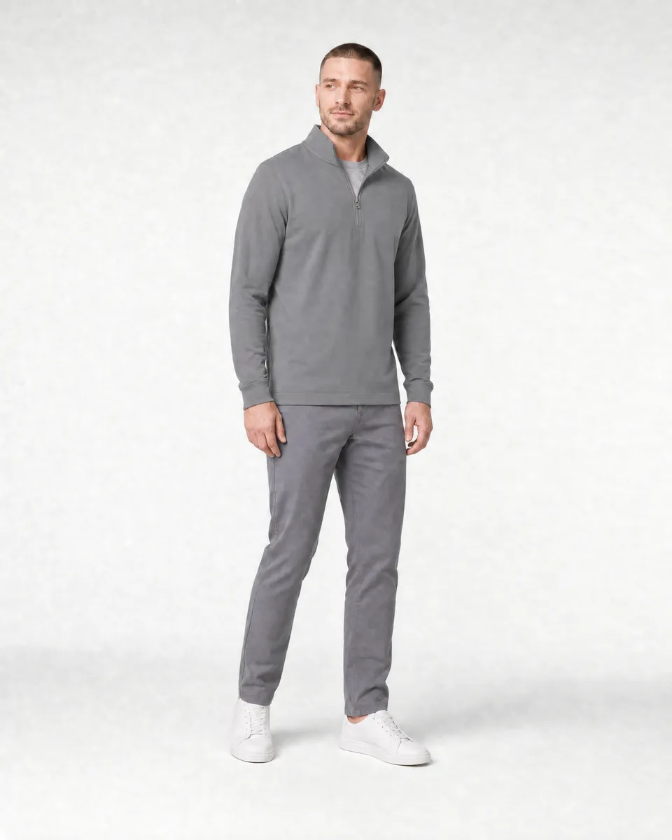 StringKing Men's Pima Terry Quarter Zip - Sharp Fit, Frost Gray, Full Front Angle - Human Model