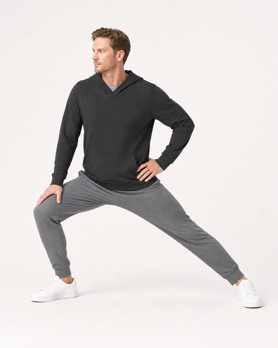 StringKing Men's StayWarm Hoodie - Relaxed Fit, Black, Full Front Angle - Human Model