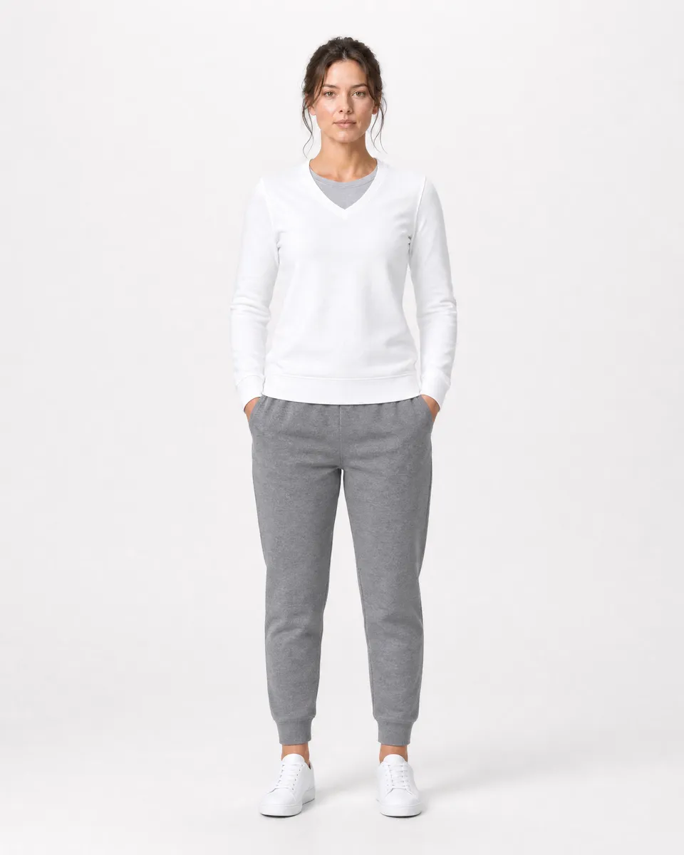 StringKing Women's Pima Terry V-Neck Sweater - Sharp Fit, White, Full Front - Human Model - Top of head to Knees