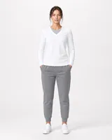 StringKing Women's Pima Terry V-Neck Sweater - Sharp Fit, White, Full Front - Human Model - Top of head to Knees