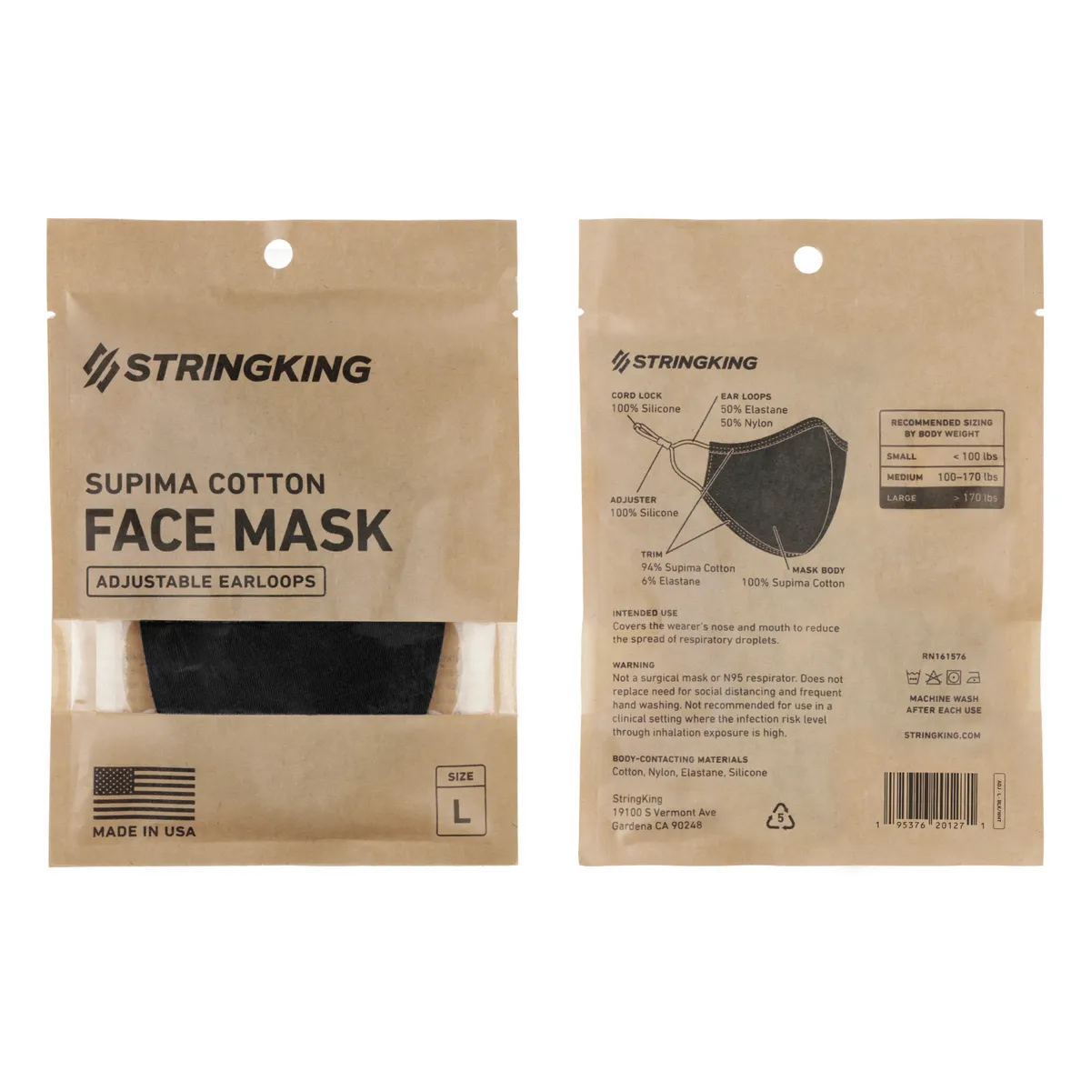 StringKing Cloth Face Mask - Adjustable, Single, Large, Black, Front, Back