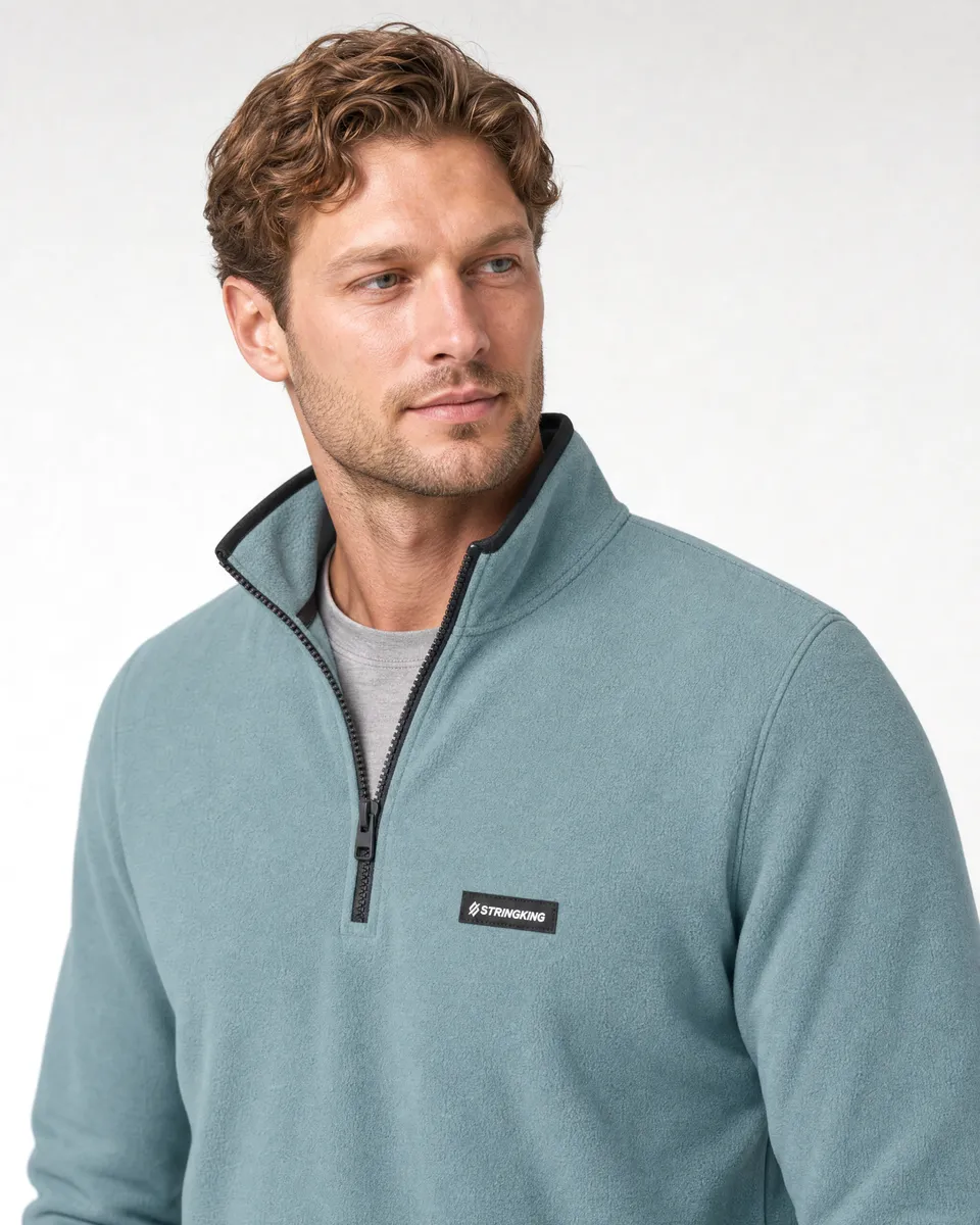 StringKing Men's Polartec Fleece Quarter Zip - Sharp Fit, Slate, Collar Shoulder - Human Model