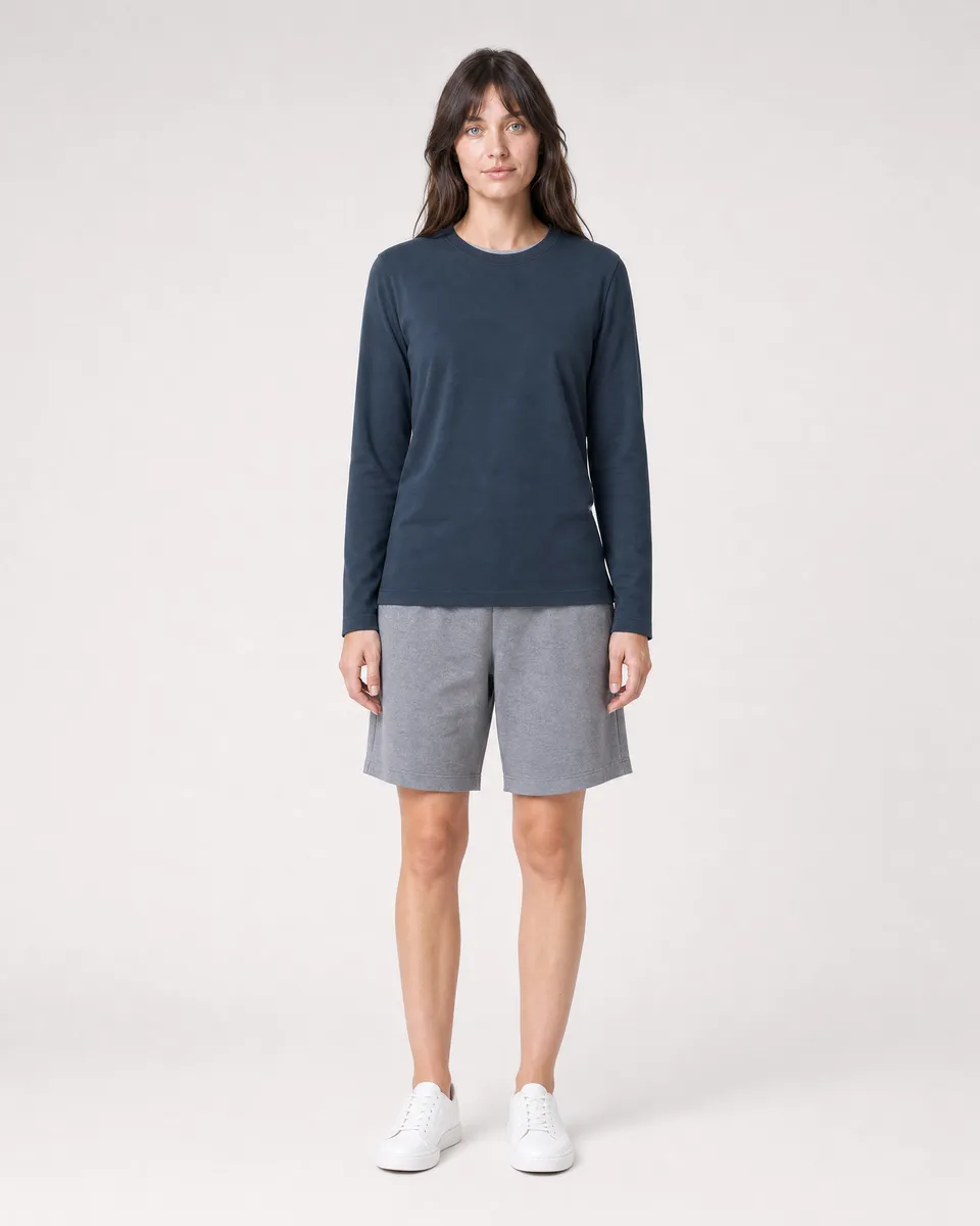 StringKing Women's Pima Terry Long Sleeve Tee - Sharp Fit, Navy, Full Front - Human Model - Top of head to Knees