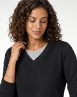 StringKing Women's Pima Terry V-Neck Sweater - Sharp Fit, Black, Collar Shoulder - Human Model