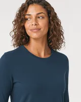StringKing Women's Pima Terry Long Sleeve Tee - Relaxed Fit, Navy, Collar Shoulder - Human Model