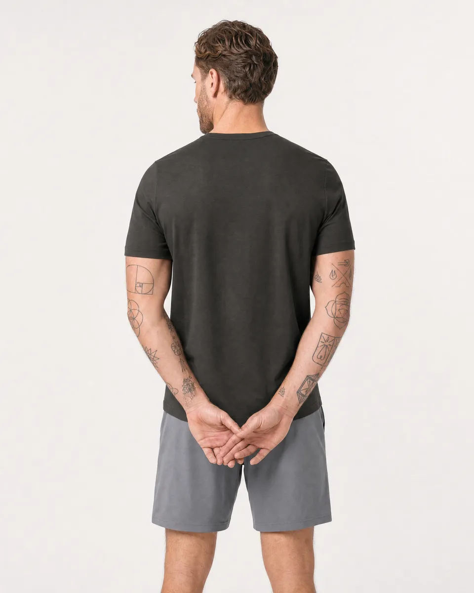 StringKing Men's Pima Terry Tee - Sharp Fit, Peat, Full Back - Human Model - Top of head to Mid-thigh