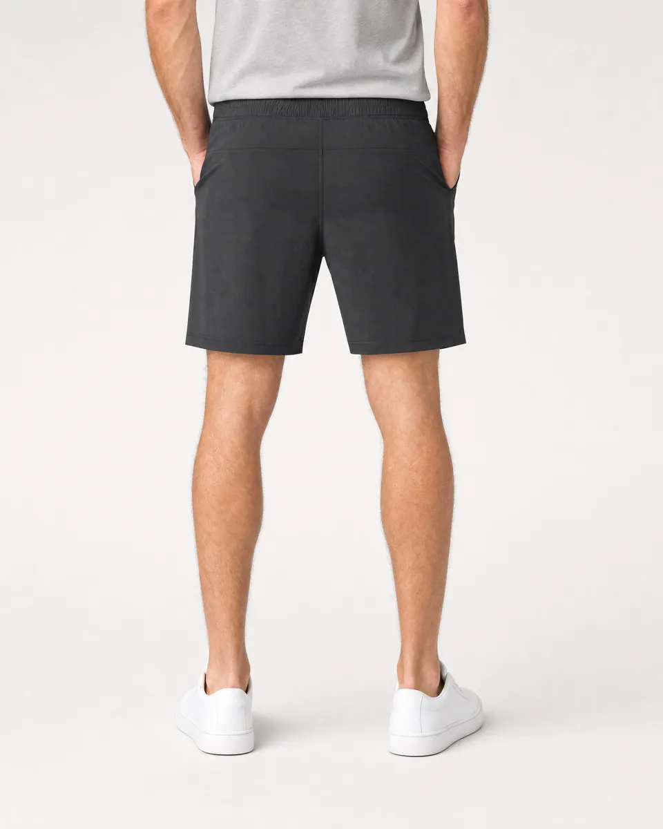 StringKing Men's Nylon Flex Game Shorts - Sharp Fit, Black, Full Back - Human Model - Chest to Feet
