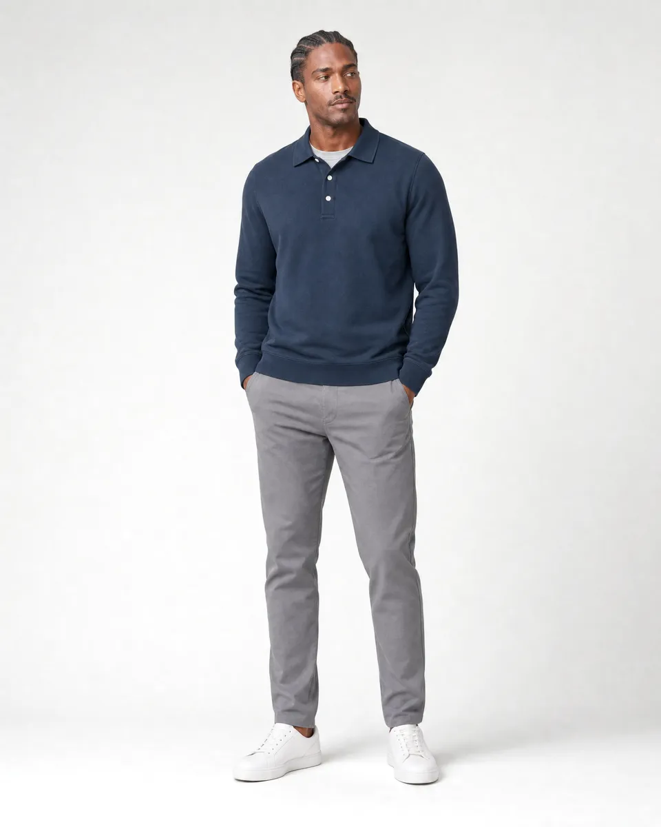 StringKing Men's Pima Terry Long Sleeve Polo - Relaxed Fit, Navy, Full Front - Human Model - Top of head to Knees