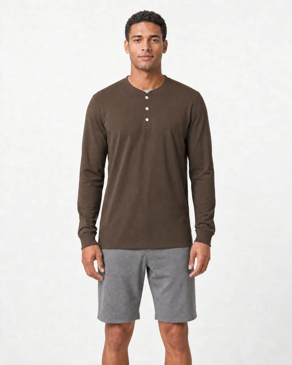 StringKing Men's Pima Jersey Henley - Sharp Fit, Wren, Full Front - Human Model - Top of head to Knees