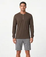 StringKing Men's Pima Jersey Henley - Sharp Fit, Wren, Full Front - Human Model - Top of head to Knees