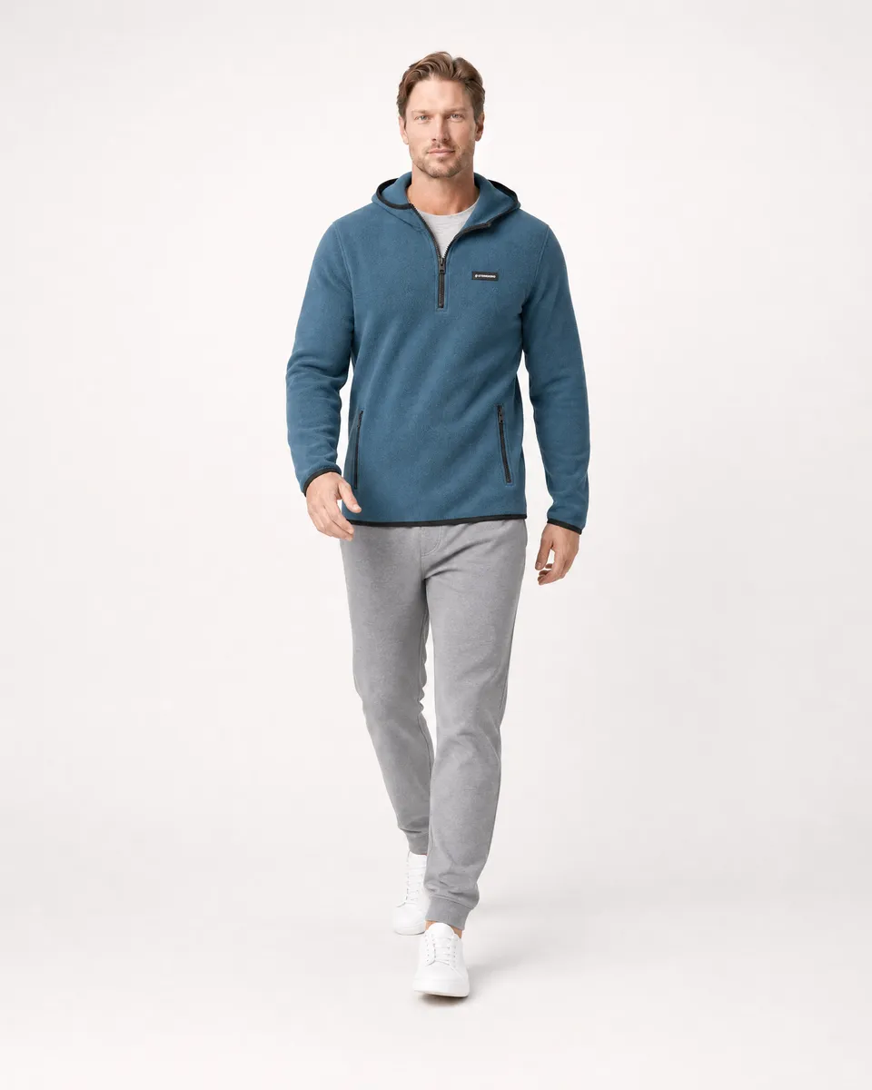 StringKing Men's Polartec Fleece Quarter Zip Hoodie with Pockets - Sharp Fit, Indian Teal, Full Front Angle - Human Model