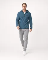 StringKing Men's Polartec Fleece Quarter Zip Hoodie with Pockets - Sharp Fit, Indian Teal, Full Front Angle - Human Model