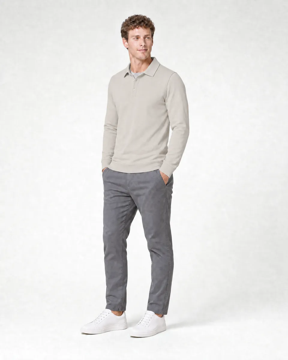 StringKing Men's Pima Terry Long Sleeve Polo - Sharp Fit, Moonstruck, Collar Shoulder - Human Model