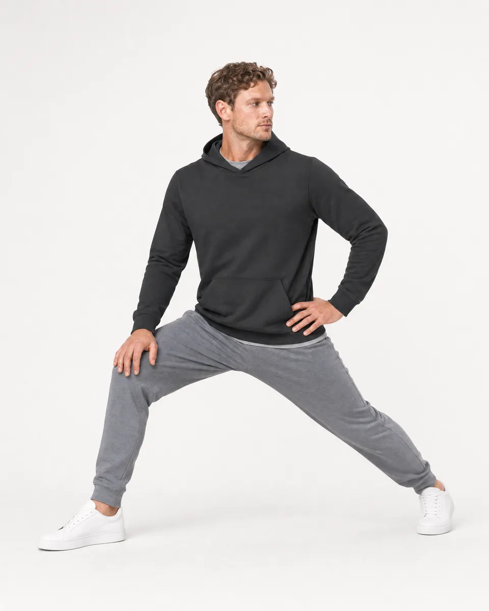 StringKing Men's StayWarm Hoodie - Sharp Fit, Black, Full Front Angle - Human Model