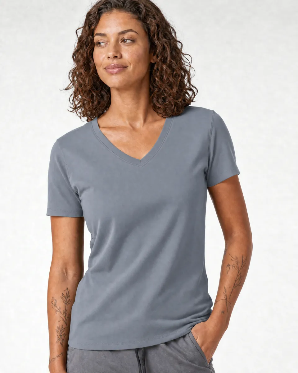 StringKing Women's Pima Terry V-Neck Tee - Sharp Fit, Tradewinds, Collar Shoulder - Human Model