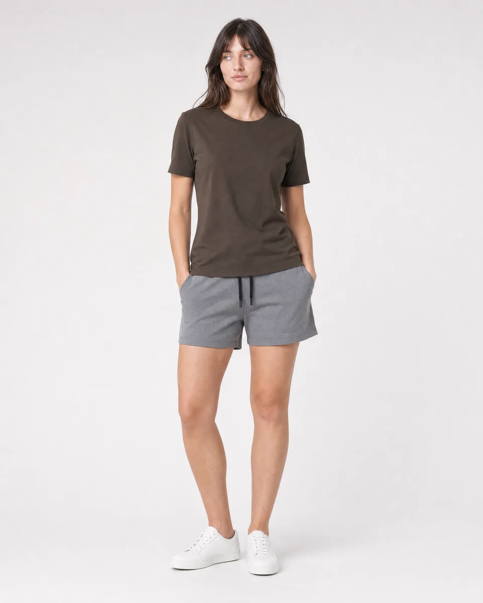 StringKing Women's Pima Jersey Tee - Sharp Fit, Wren, Full Front - Human Model - Top of head to Knees