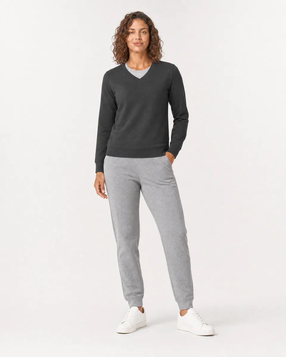 StringKing Women's Pima Terry V-Neck Sweater - Sharp Fit, Black, Full Front - Human Model - Top of head to Knees
