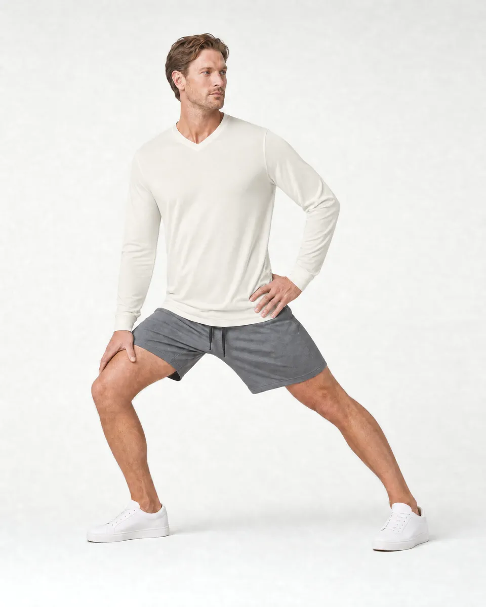 StringKing Men's Pima Jersey Long Sleeve V-Neck Tee - Relaxed Fit, Tofu, Full Front Angle - Human Model