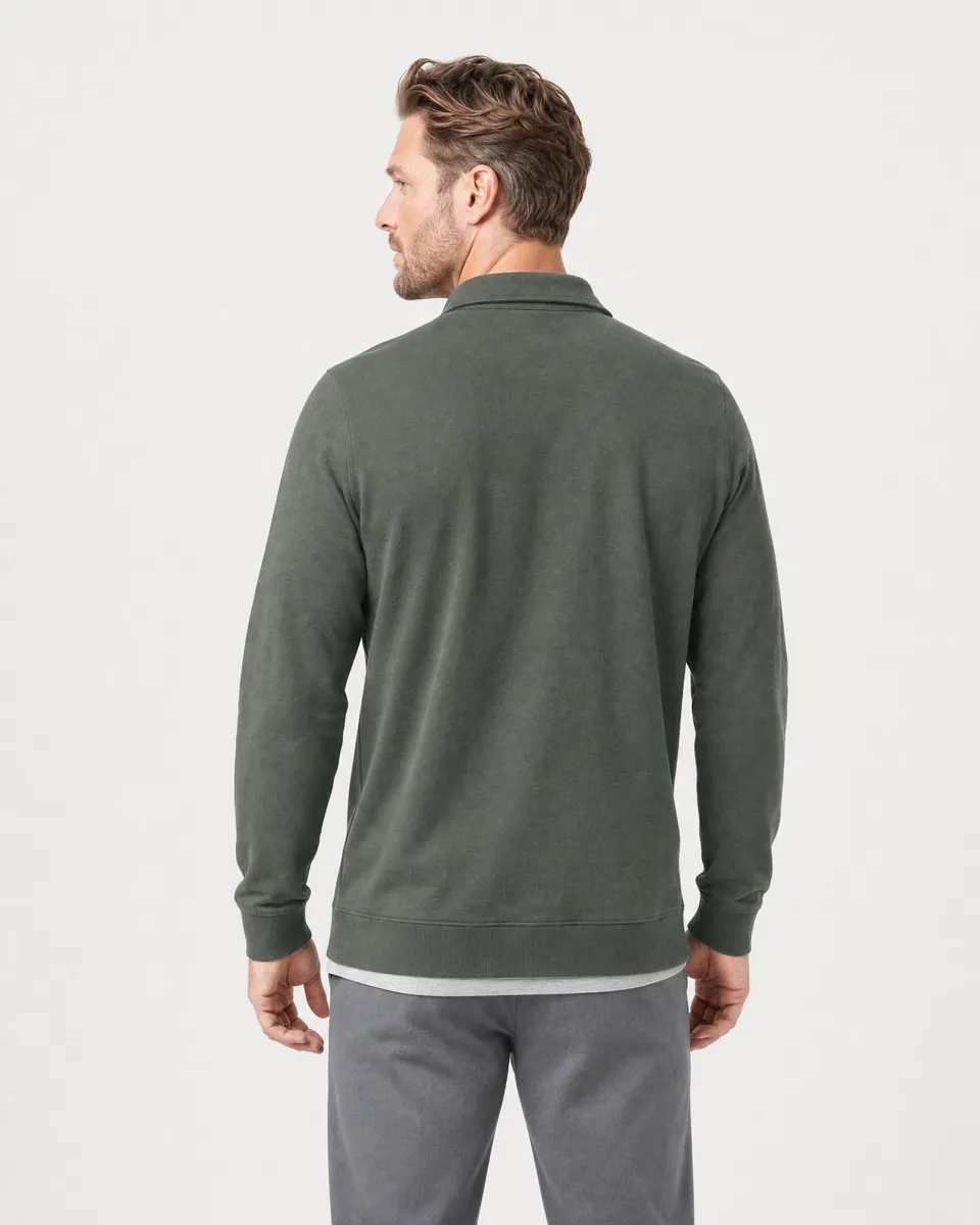 StringKing Men's Pima Terry Long Sleeve Polo - Sharp Fit, Moss, Full Back - Human Model - Top of head to Mid-thigh