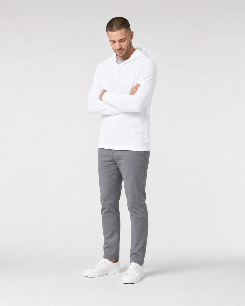 StringKing Men's Pima Jersey Hoodie - Sharp Fit, White, Full Front Angle - Human Model