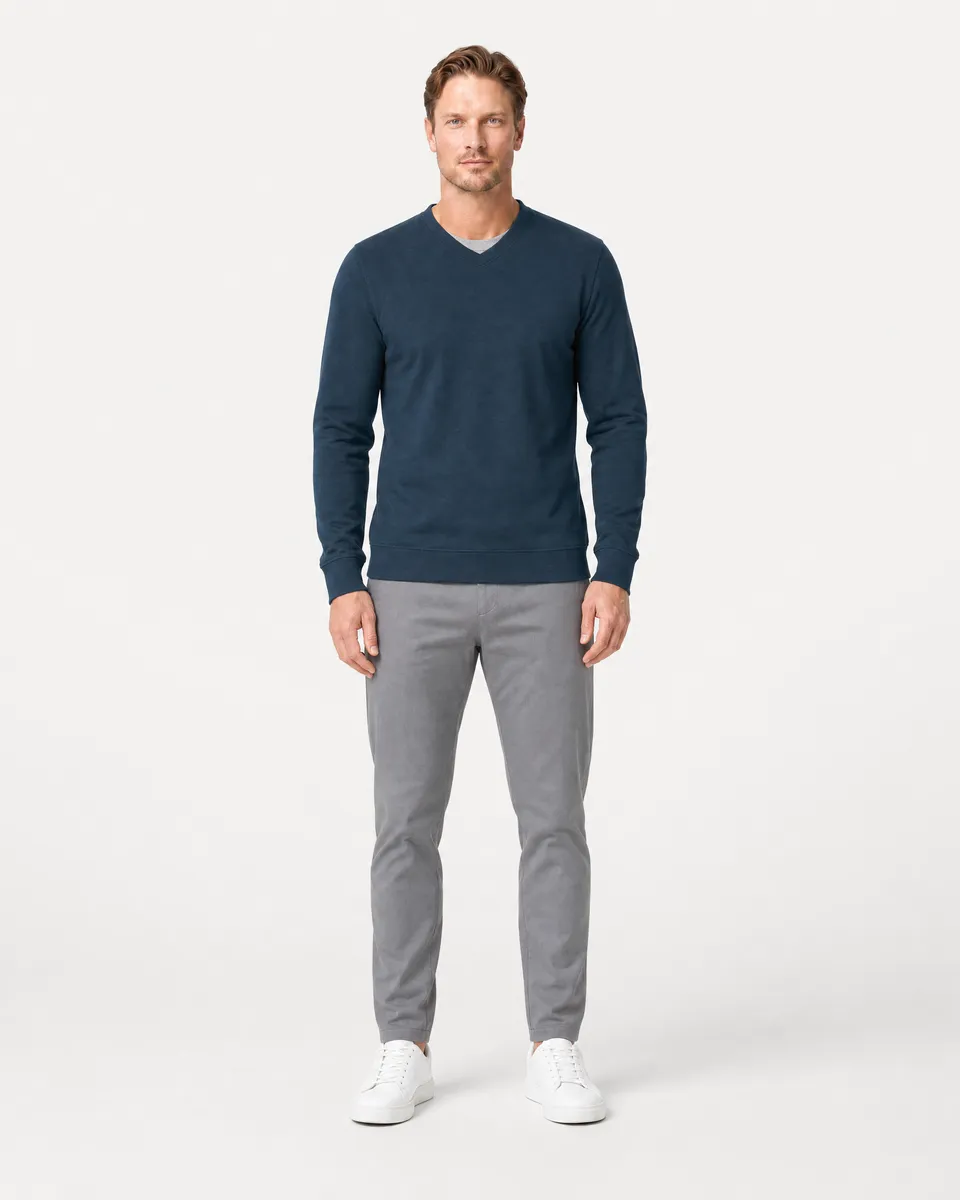 StringKing Men's Pima Terry V-Neck Sweater - Sharp Fit, Navy, Full Front - Human Model