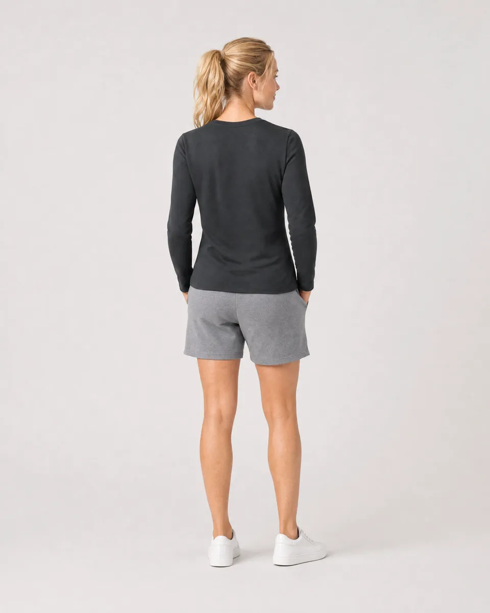 StringKing Women's Pima Terry Long Sleeve V-Neck Tee - Sharp Fit, Black, Full Back - Human Model - Top of head to Mid-thigh