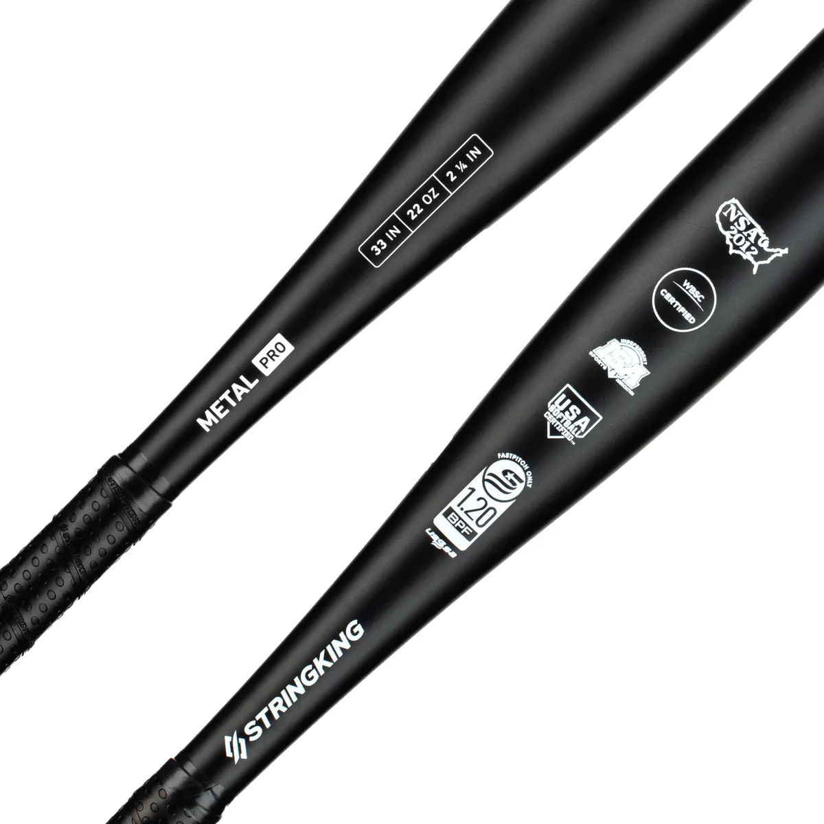 StringKing Metal Pro Fastpitch - Drop 11, 33", Black, Bat Details, Angled