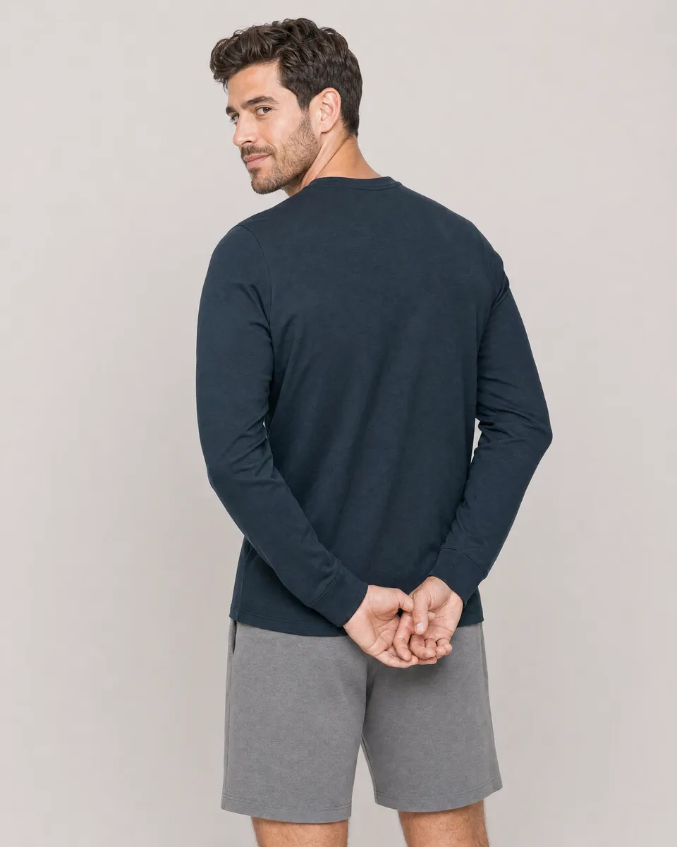 StringKing Men's Pima Jersey Long Sleeve Pocket Tee - Sharp Fit, Navy, Full Back - Human Model - Top of head to Mid-thigh