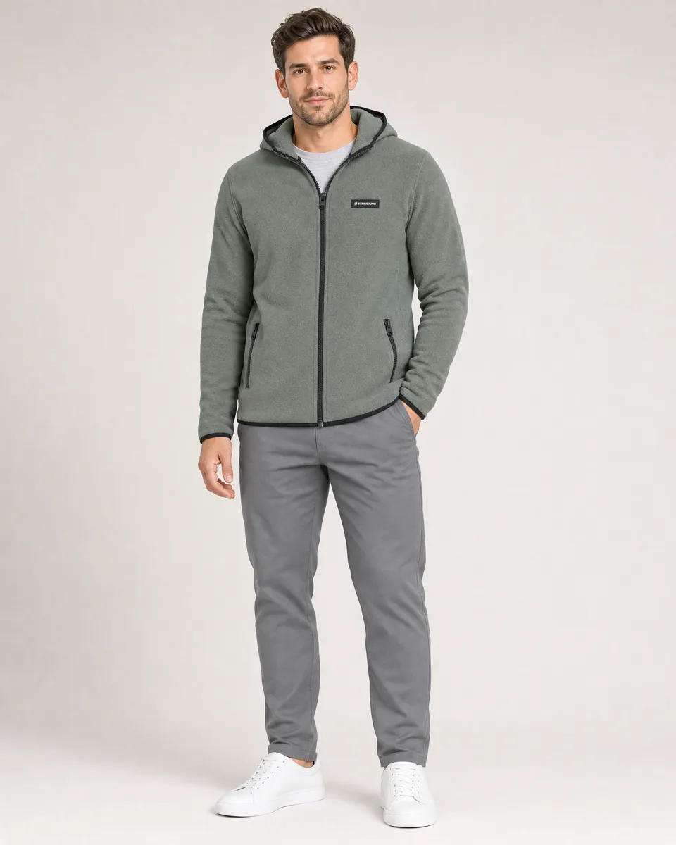 StringKing Men's Polartec Fleece Full Zip Hoodie with Pockets - Sharp Fit, Avenue Green, Full Front - Human Model - Top of head to Knees