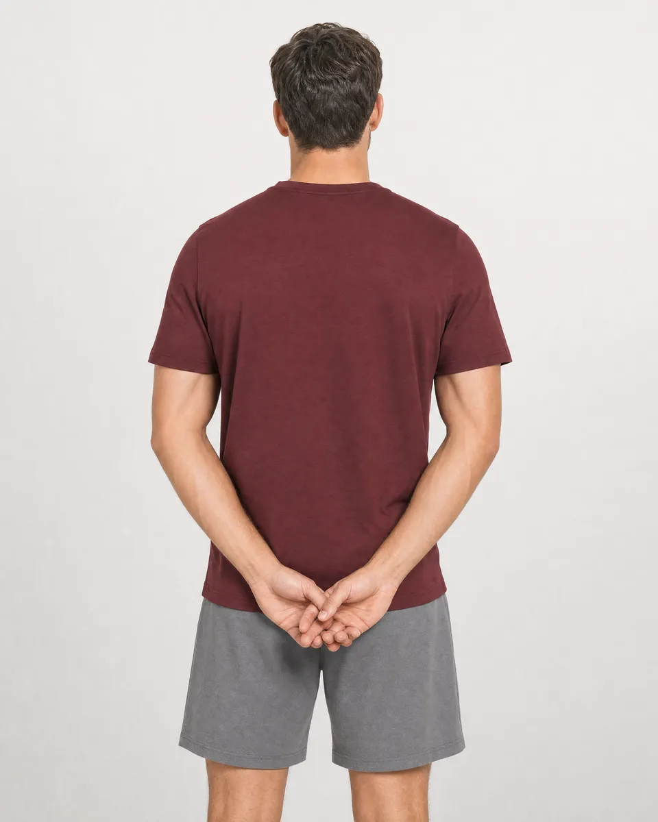 StringKing Men's Pima Jersey Short Sleeve Henley - Sharp Fit, New Maroon, Full Back - Human Model - Top of head to Mid-thigh