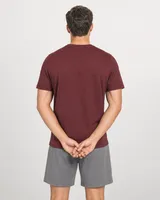 StringKing Men's Pima Jersey Short Sleeve Henley - Sharp Fit, New Maroon, Full Back - Human Model - Top of head to Mid-thigh