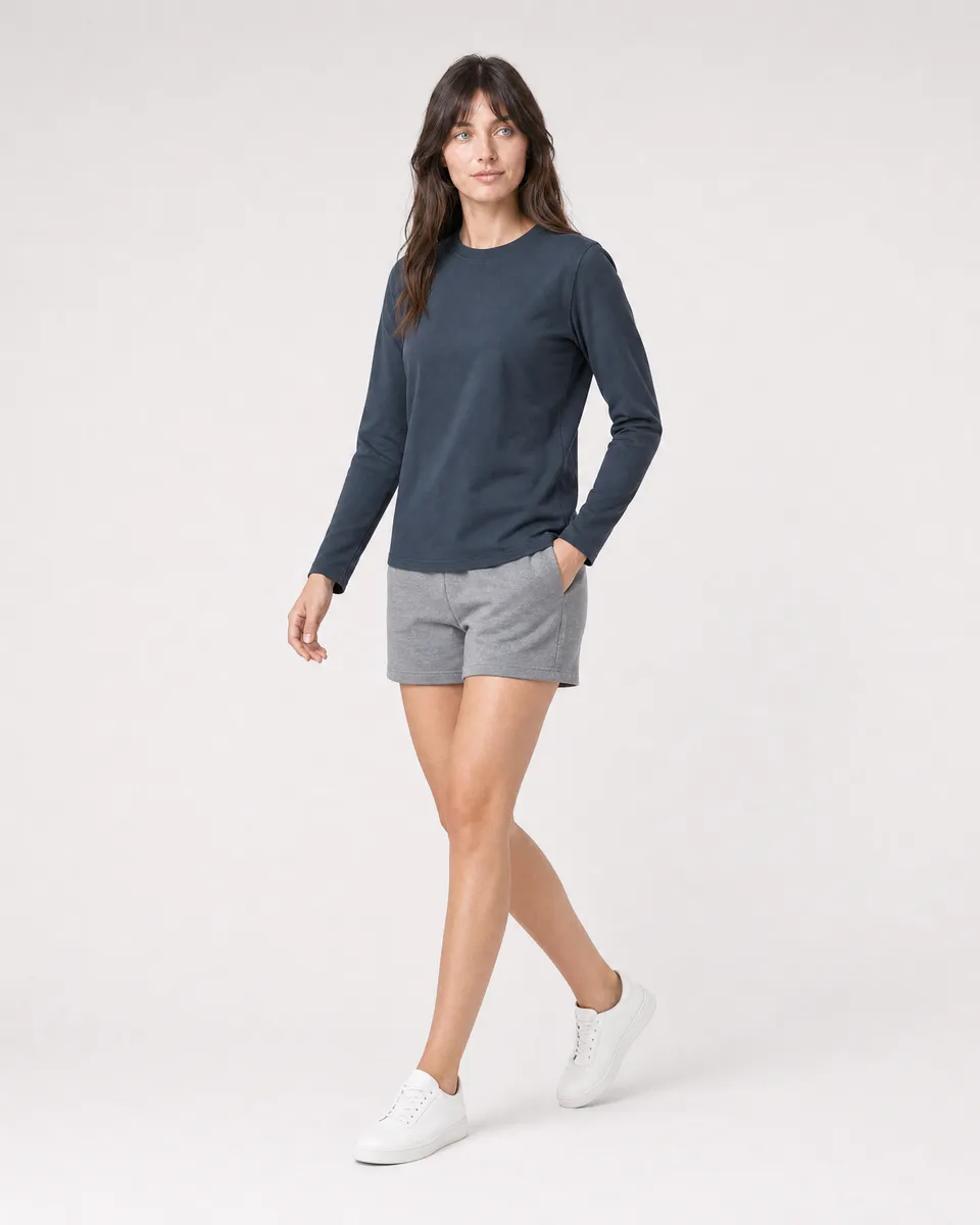 StringKing Women's Pima Terry Long Sleeve Tee - Sharp Fit, Navy, Collar Shoulder - Human Model