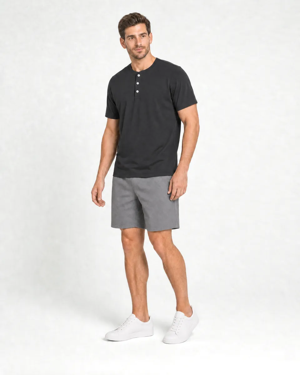 StringKing Men's Pima Jersey Short Sleeve Henley - Sharp Fit, Black, Full Front Angle - Human Model