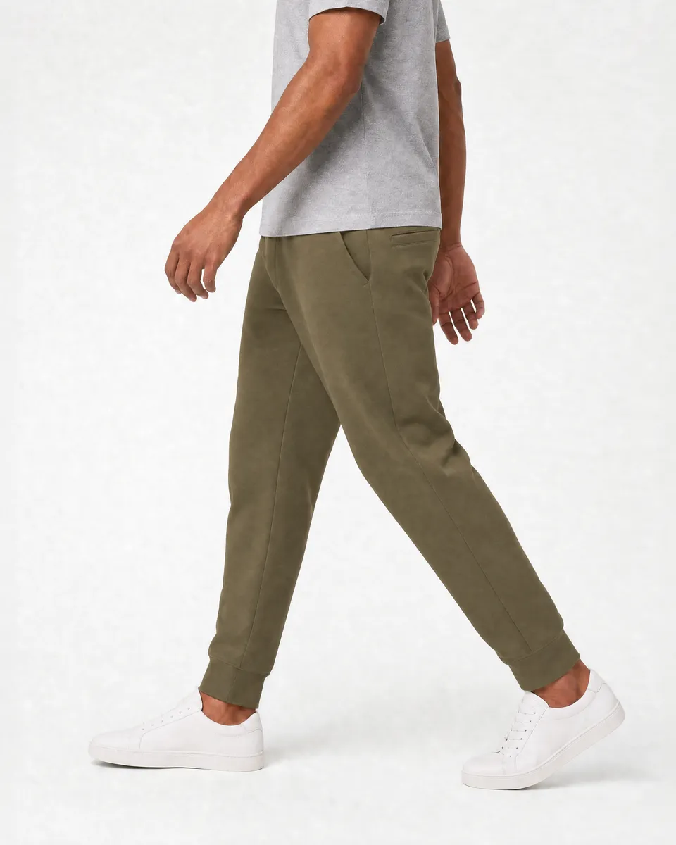 StringKing Men's Pima Terry Sweatpants - Relaxed Fit, Olive Drab, Full Side - Human Model - Chest to Feet