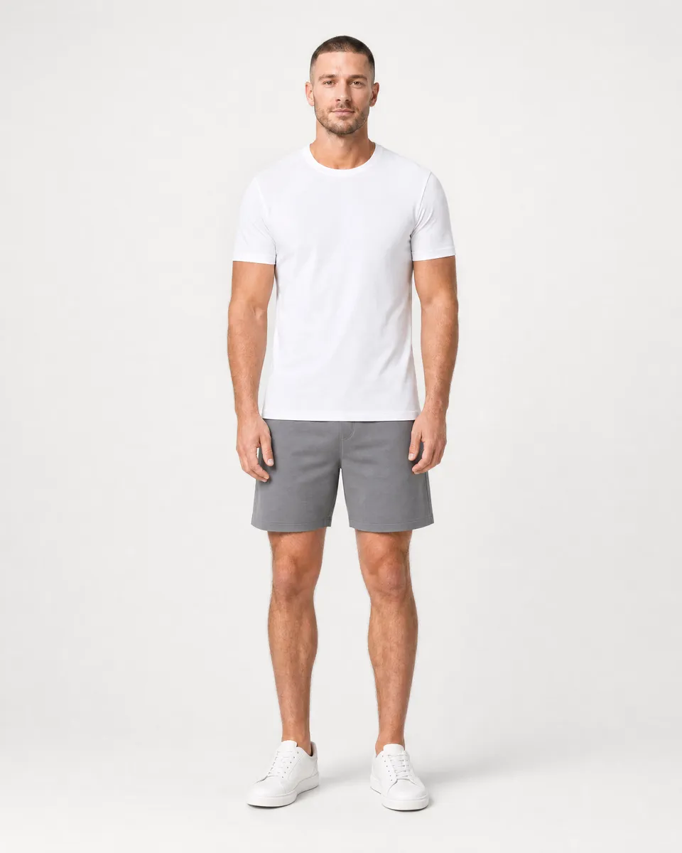 StringKing Men's Pima Terry Tee - Sharp Fit, White, Full Front - Human Model - Top of head to Knees
