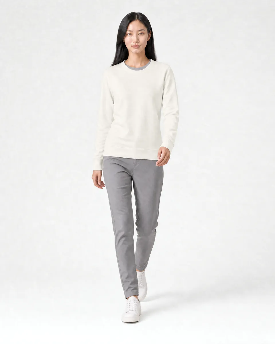 StringKing Women's Pima Terry Crew Sweater - Sharp Fit, Tofu, Full Front Angle - Human Model