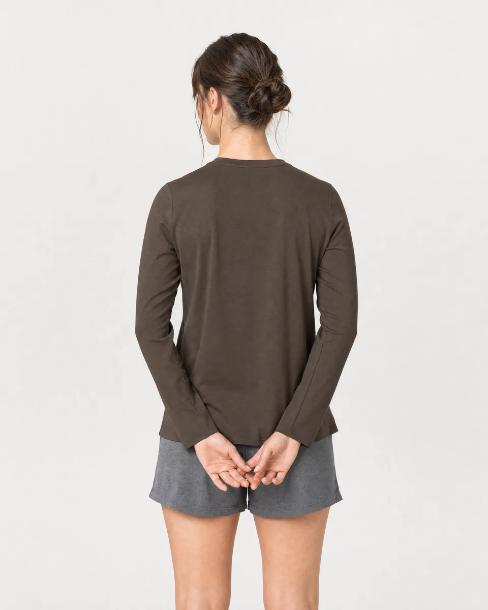 StringKing Women's Pima Jersey Long Sleeve V-Neck Tee - Relaxed Fit, Wren, Full Back - Human Model - Top of head to Mid-thigh