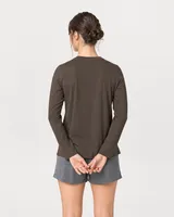 StringKing Women's Pima Jersey Long Sleeve V-Neck Tee - Relaxed Fit, Wren, Full Back - Human Model - Top of head to Mid-thigh