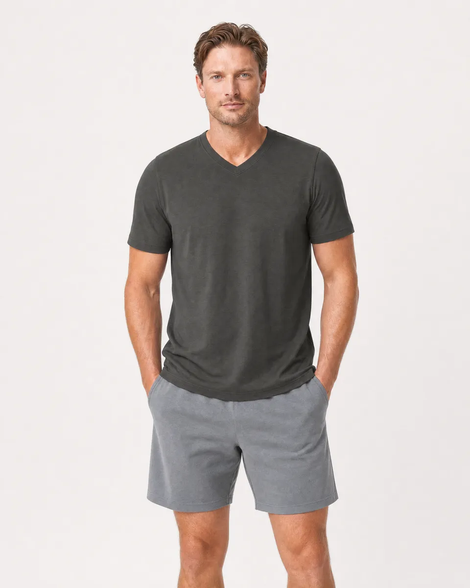 StringKing Men's Pima Terry V-Neck Tee - Relaxed Fit, Peat, Full Front - Human Model - Top of head to Knees