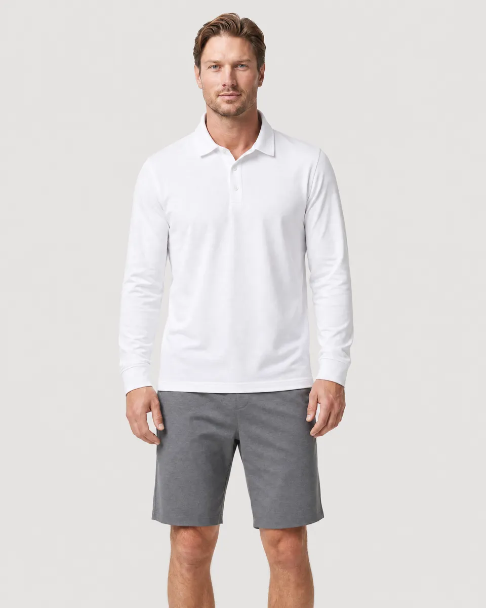 StringKing Men's Pima Jersey Long Sleeve Polo Multi, Full Front - Human Model - Top of head to Knees
